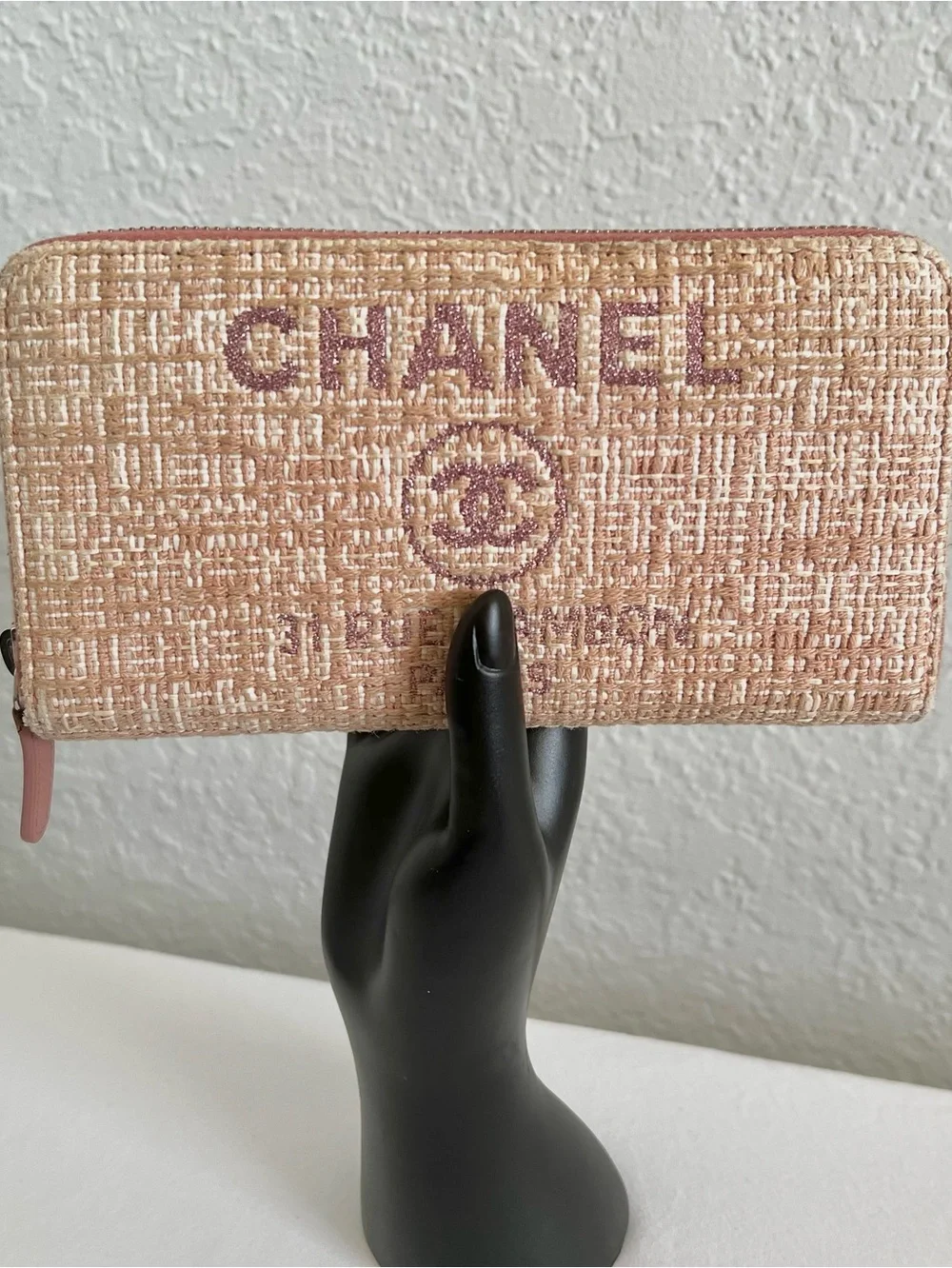 Chanel Lurex Canvas Pink Deauville Zip Around Wallet